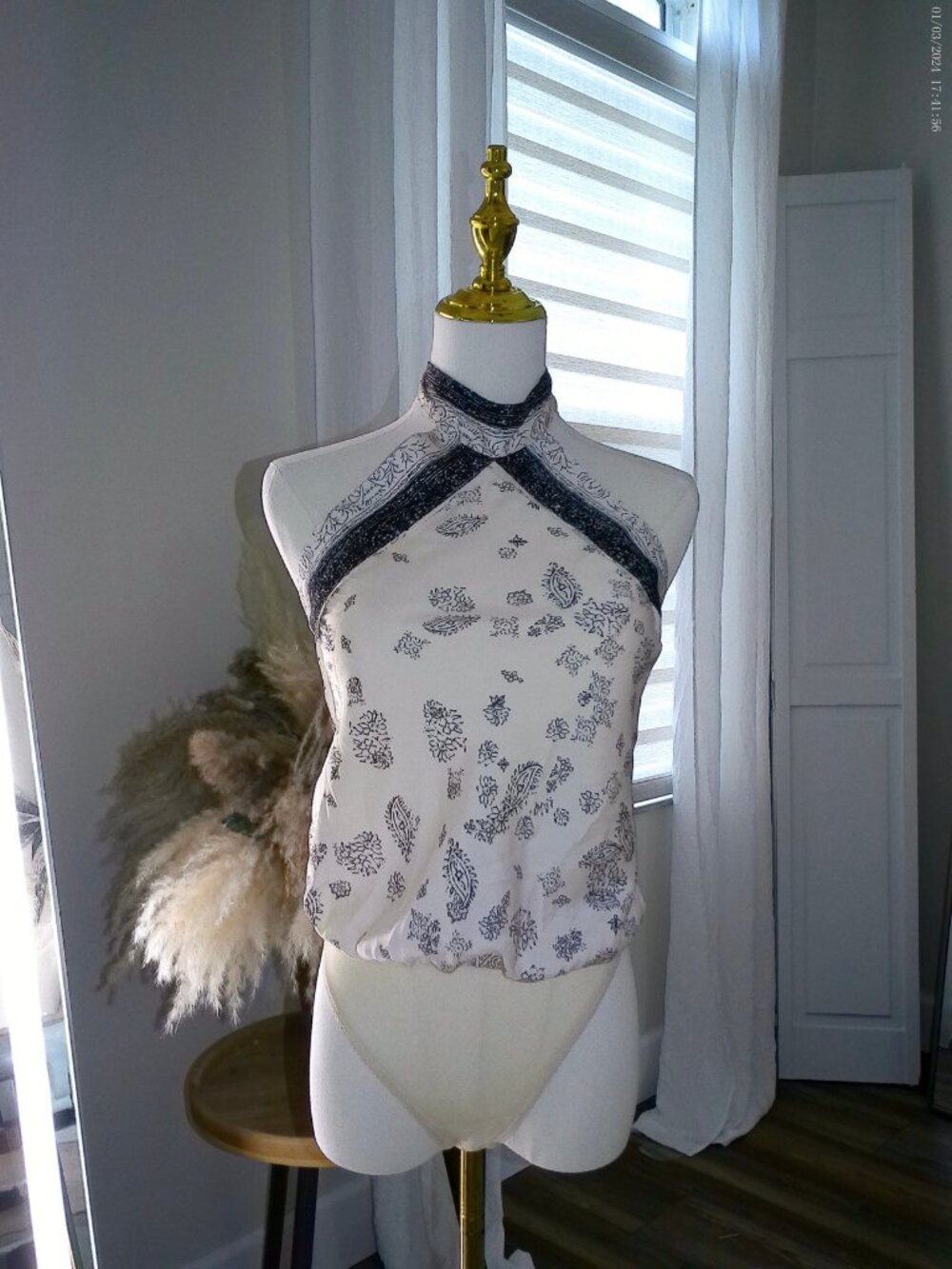 Free People Tibec Cream/Navy Paisley Halter Bodysuit — XS, Like New